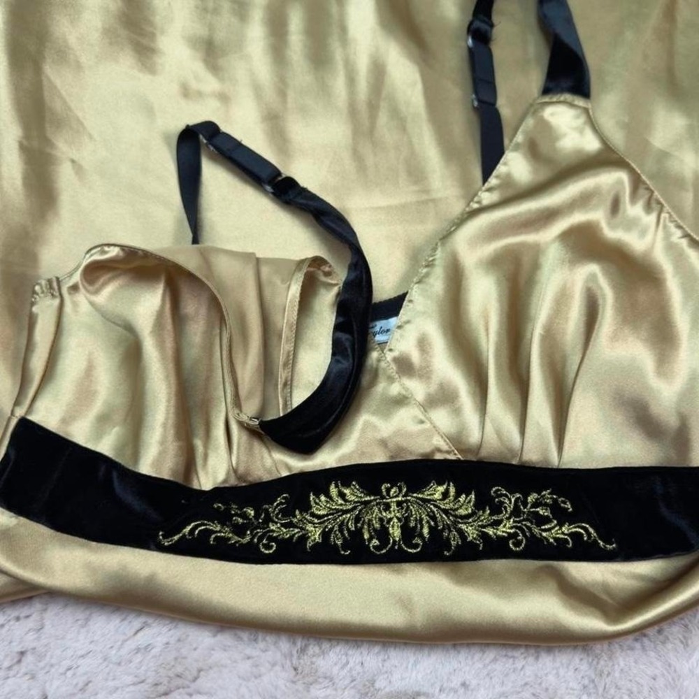 gold satin slip dress with black velvet empire waist‎ and ornate gold embroidery - Picture 2 of 7